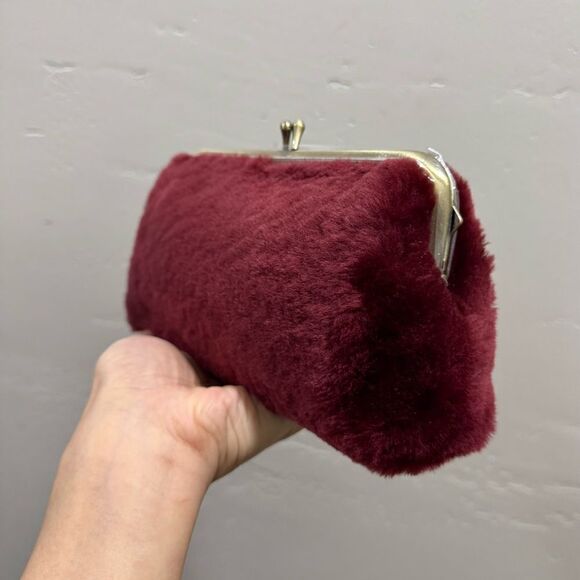 Burgundy Real Shearling Leather Kisslock Clutch/Cosmetic Case/Phone Case - Picture 11 of 14